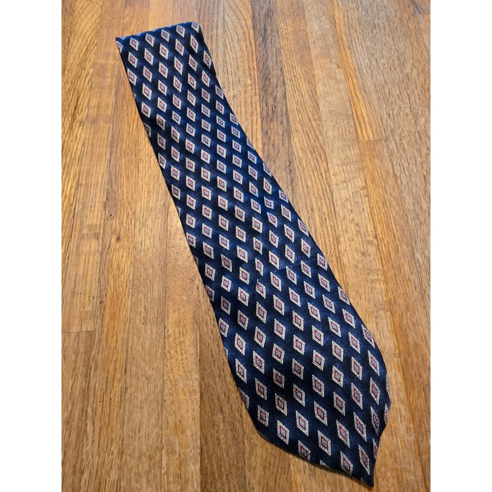 Stafford Mens Silk Necktie Navy Blue Red Gold Geometric Diamond Medallion USA